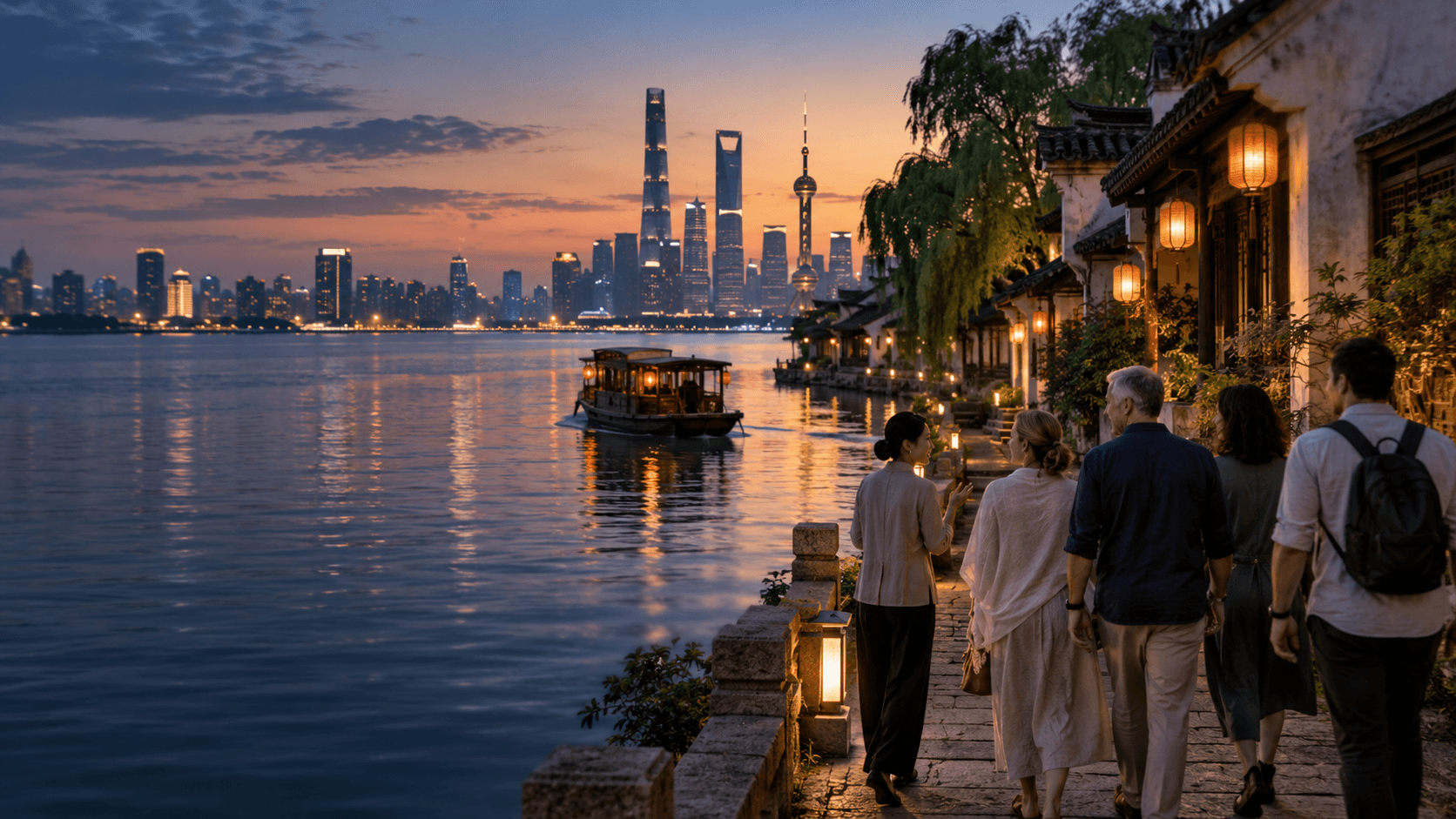 Conceptual illustration of TRIAGOCN travel through a water town and Shanghai at dusk