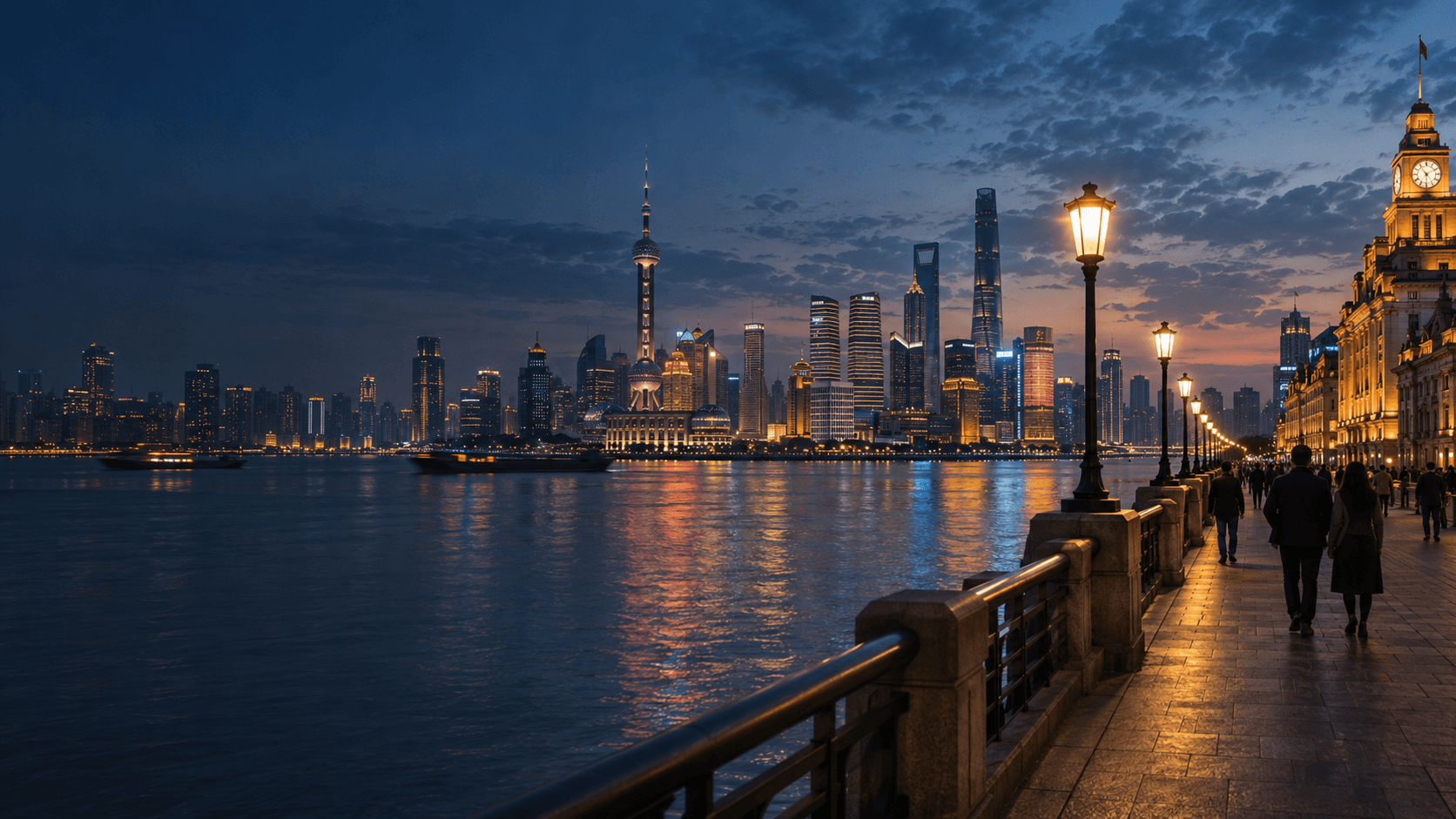 Conceptual editorial illustration of Shanghai's waterfront and skyline at dusk