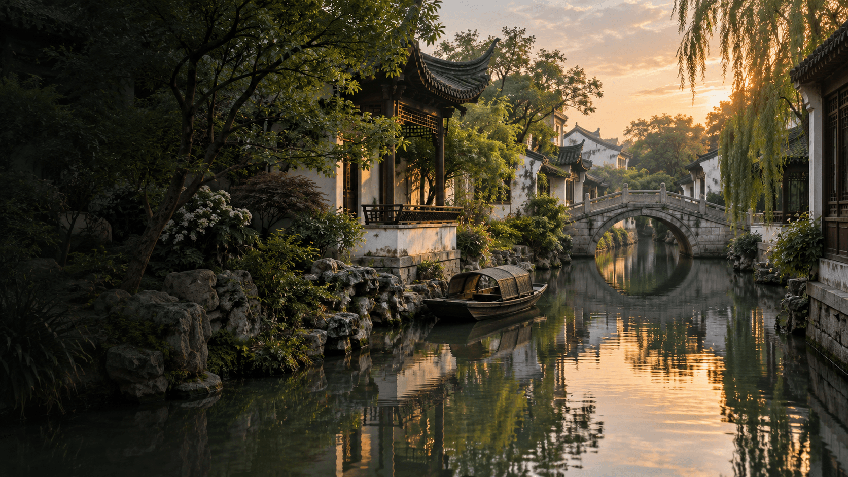 Conceptual editorial illustration of classical gardens and canals for Suzhou